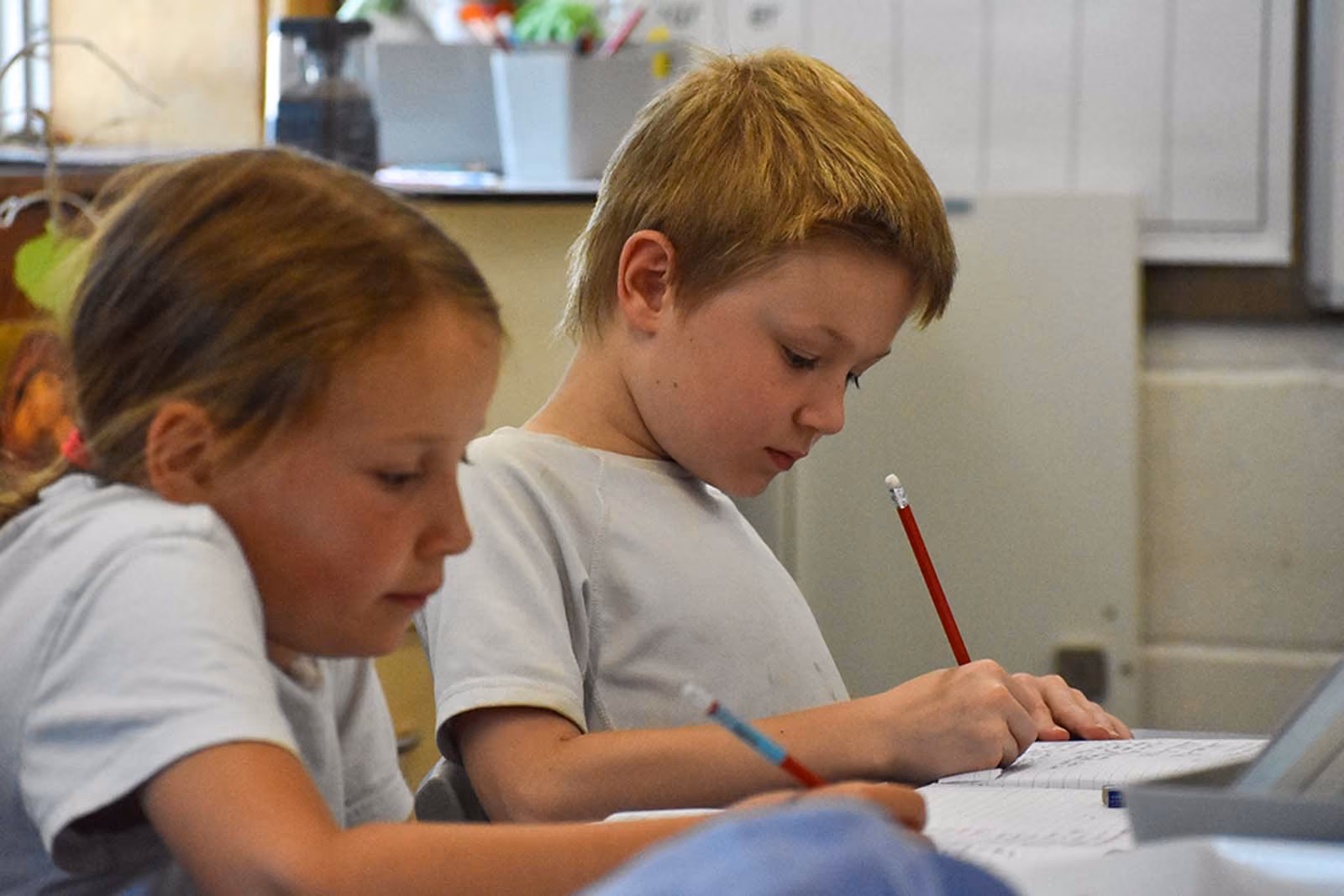 Two pupils sitting side by side, writing in their exercise books during class.