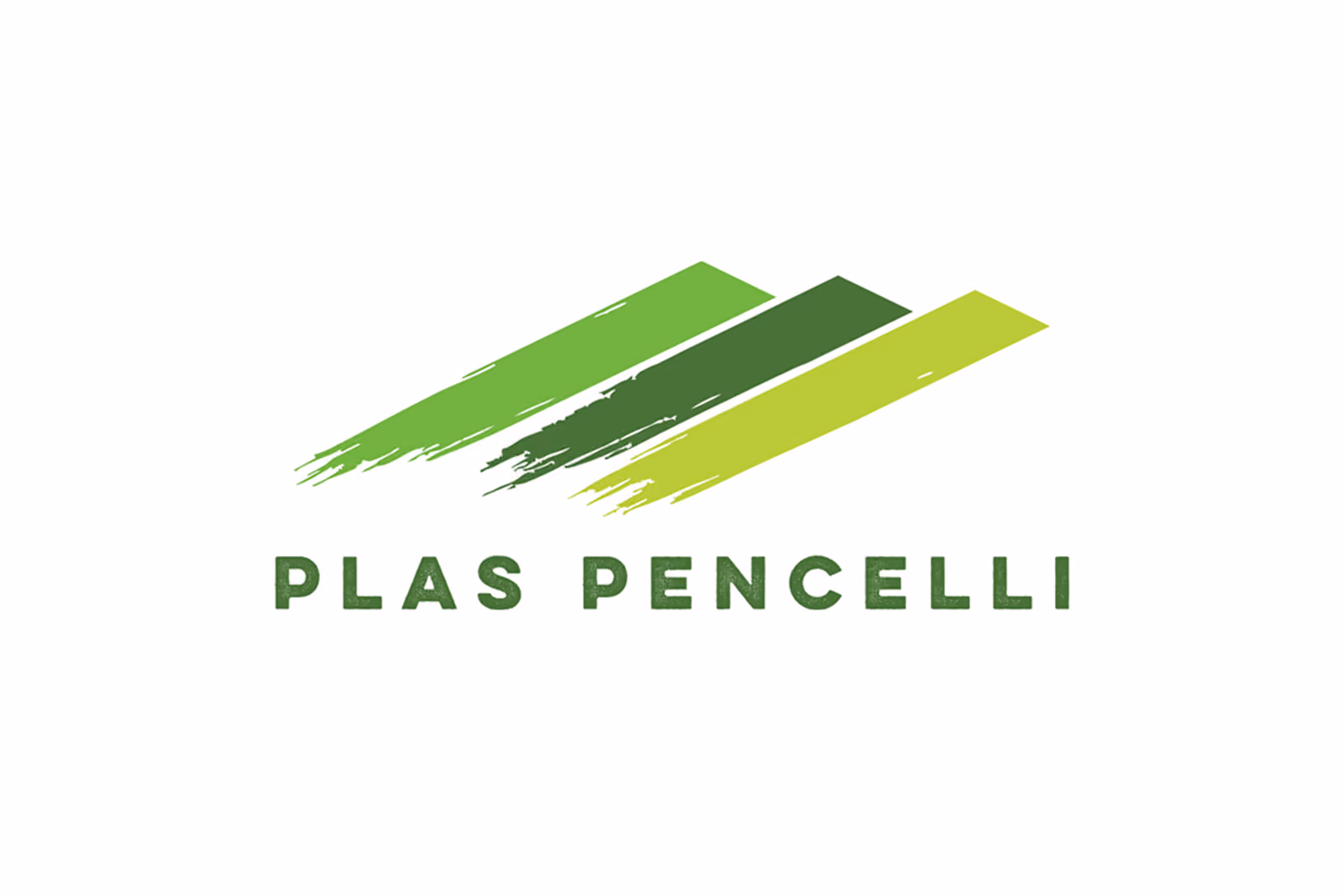 Plas Pencelli logo with three green brushstroke mountain shapes above the name.