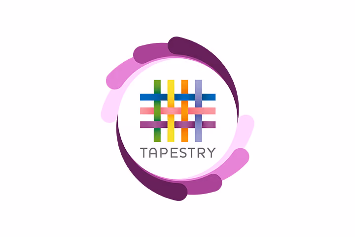 Tapestry logo with a woven multicoloured pattern inside a purple circular border.