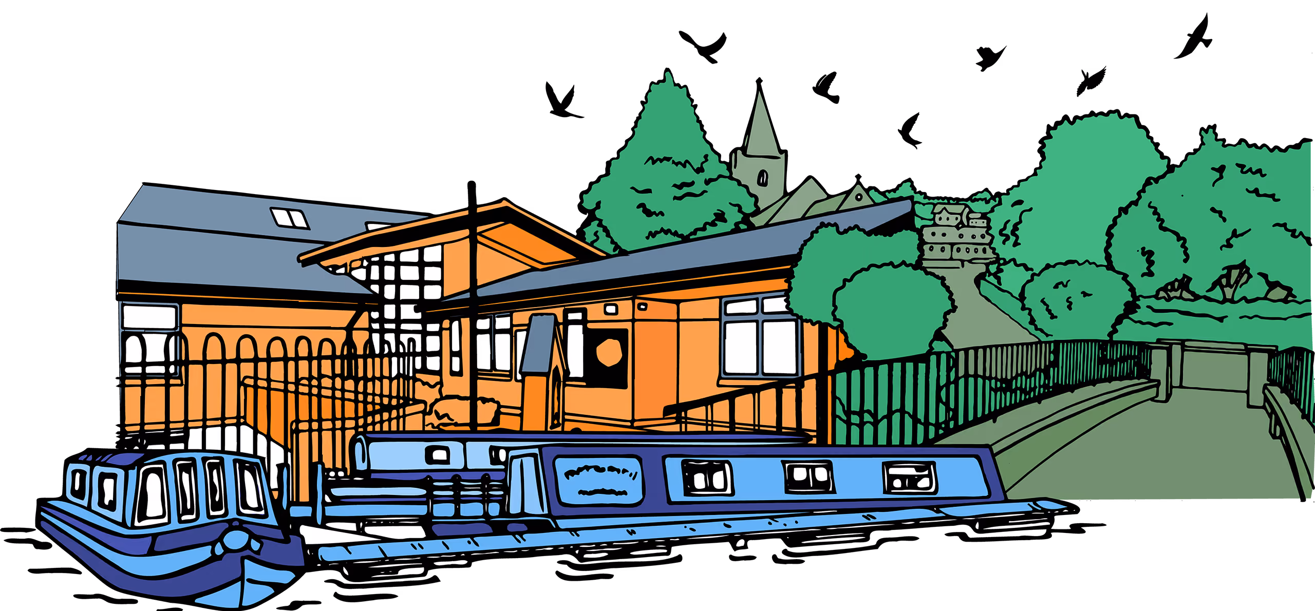 Illustrated mural of Staverton School with an orange building beside a canal, two moored blue narrowboats, trees, a church spire, and birds overhead.