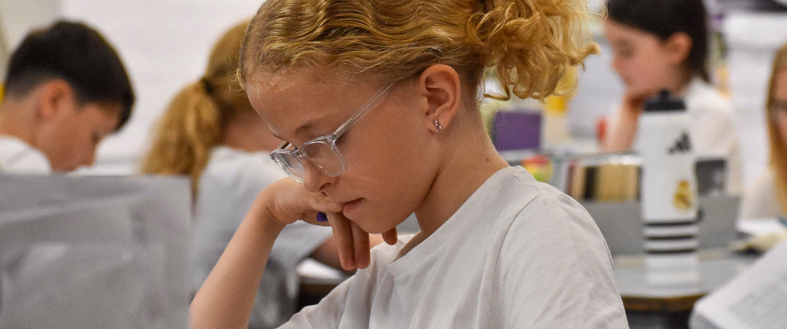Pupil in glasses concentrating on her work at a desk, with other pupils behind.