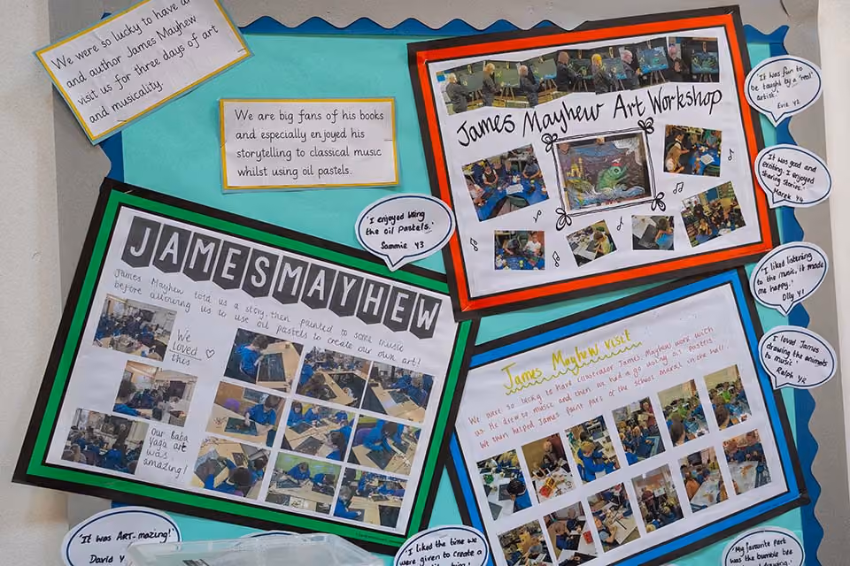 Classroom display about author James Mayhew’s art workshop, with photos and pupils’ comments.