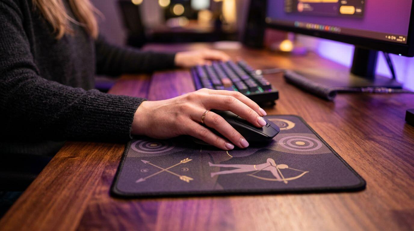 Close-up of a person using a black computer mouse on a mousepad with archery-themed designs including crossed arrows, a figure aiming a bow, and target circles, next to a keyboard and monitor on a wooden desk with ambient purple lighting.