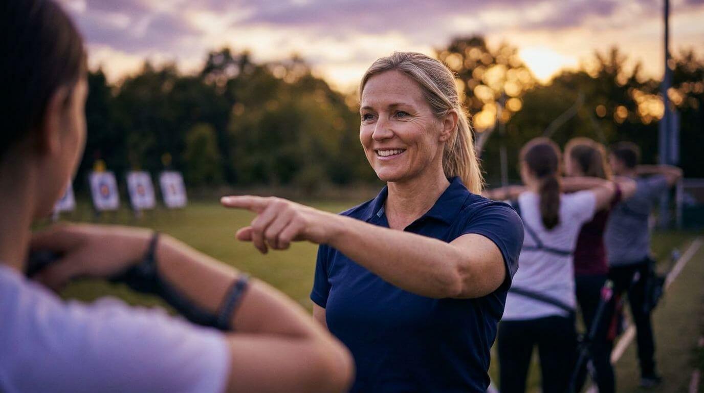 A female archery coach smiling and pointing while instructing an archer against a background of trees and targets during sunset.