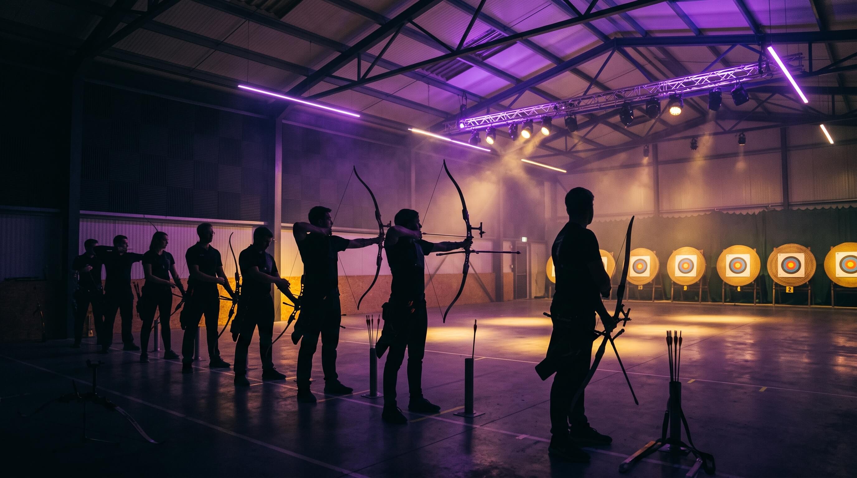 Group of archers standing in a row indoors, aiming their bows at illuminated target boards in a dimly lit archery range with purple and yellow lighting.