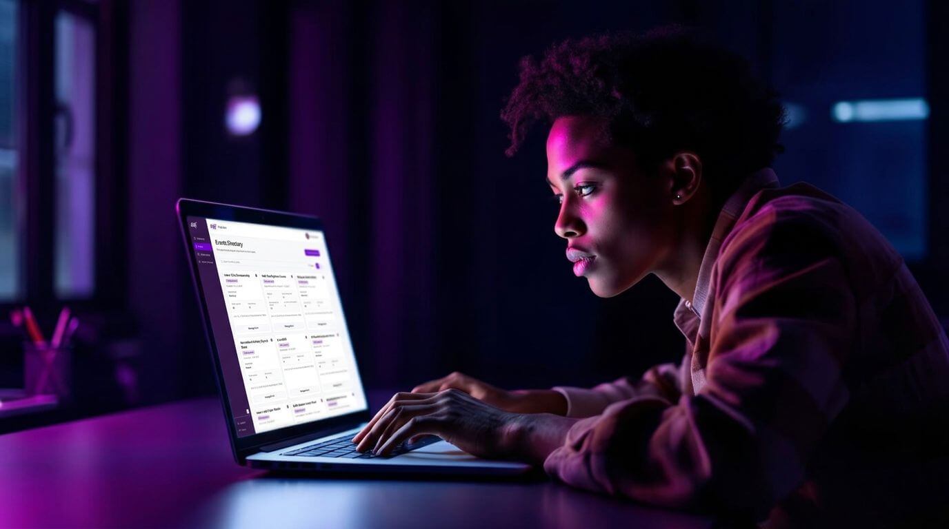 Person using a laptop in a dimly lit room with purple and blue lighting, focused on the screen displaying software or application interface.