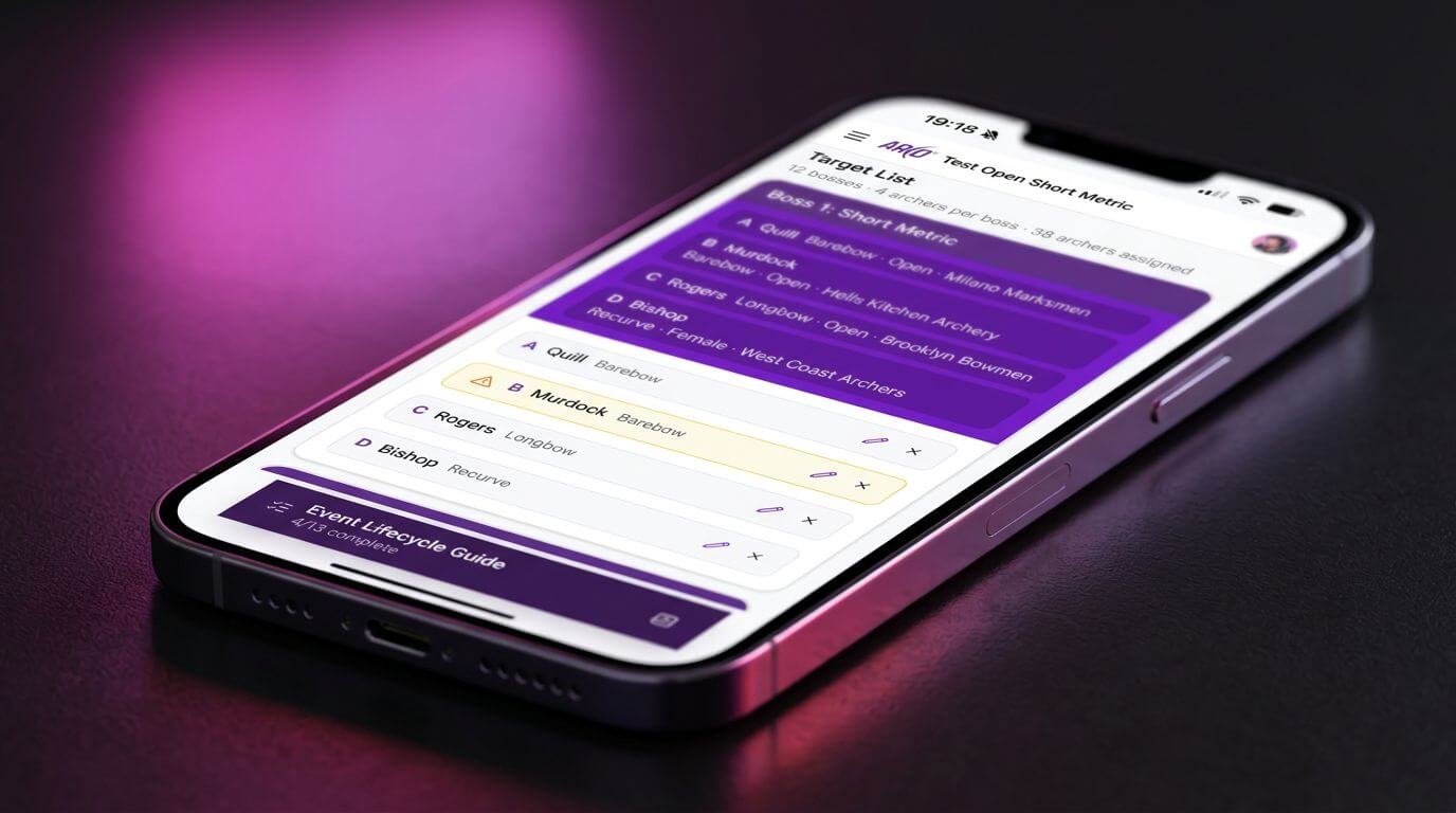 Smartphone displaying an archery event management app with a target list showing archers and bow types, including barebow, longbow, and recurve, set against a dark surface with pink lighting.