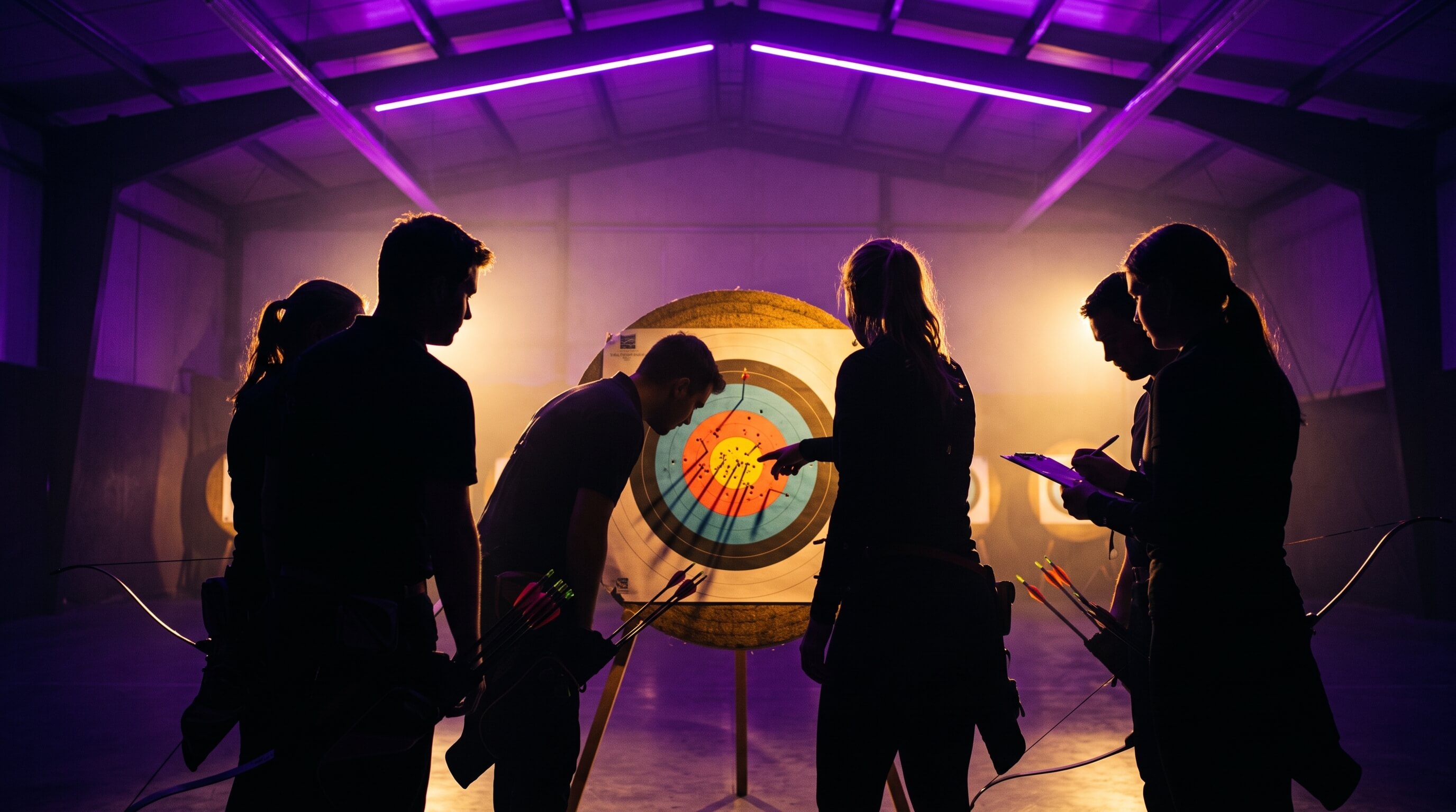 Five archers silhouetted against purple and yellow lighting indoors, examining a large archery target filled with arrows in the bullseye and surrounding rings, with some archers holding bows and one writing on a clipboard.