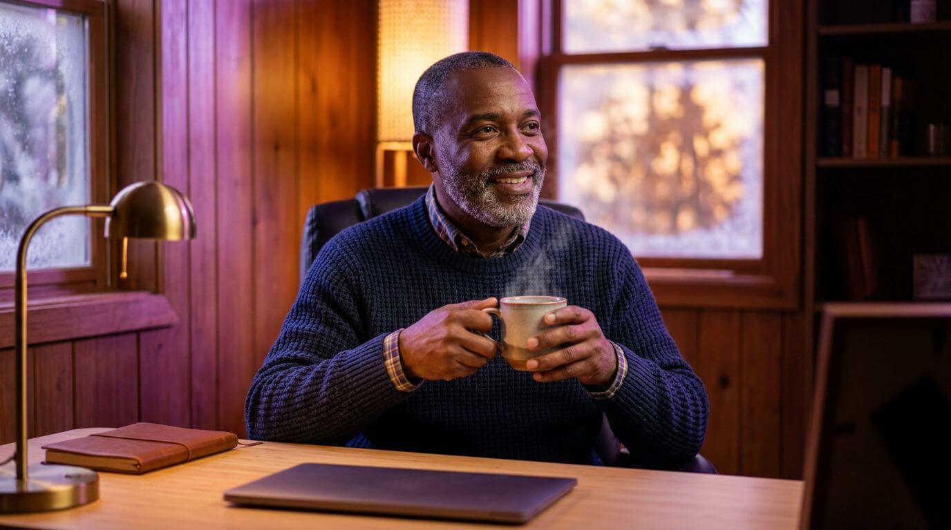 Smiling middle-aged man with a grey beard wearing a navy sweater sits at a wooden desk holding a steaming mug, with a closed laptop and notebook on the desk, warm wooden panelled room and windows showing a blurred outdoor scene behind him.