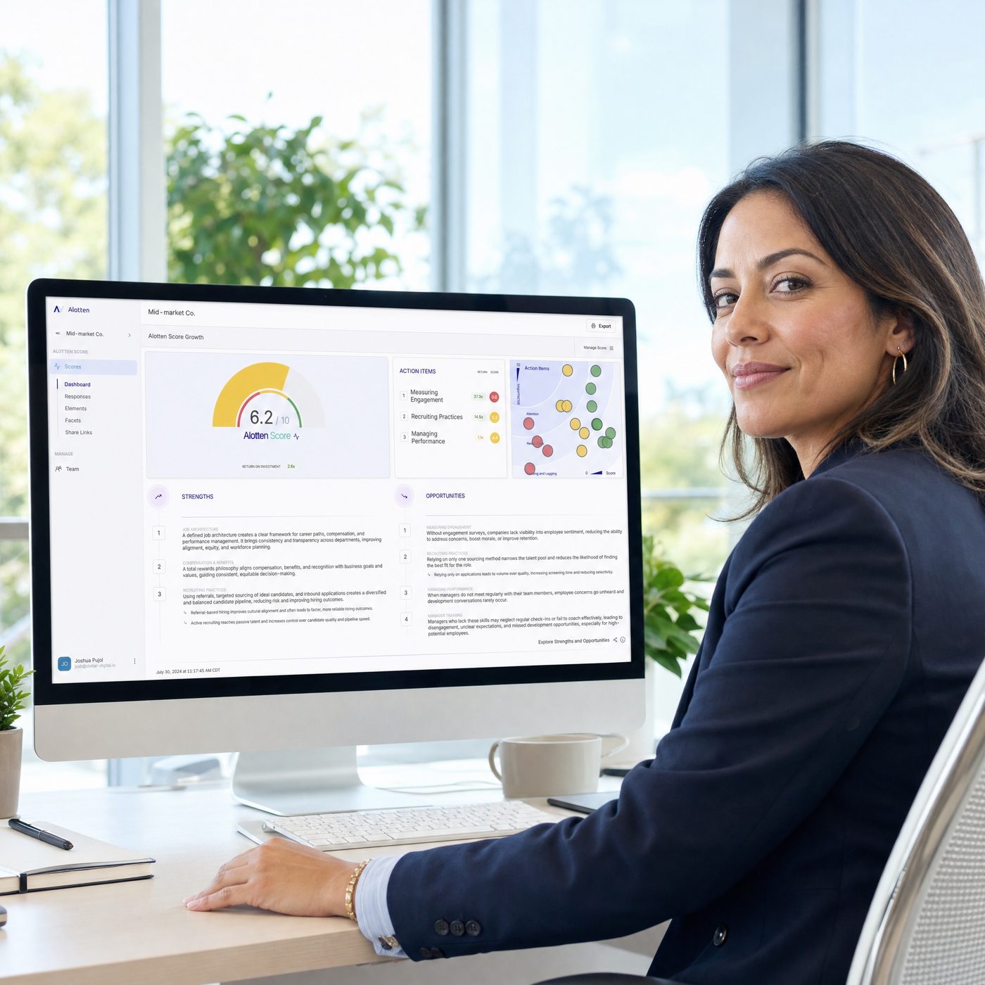 HR leader reviewing an Alotten Score dashboard on a desktop monitor