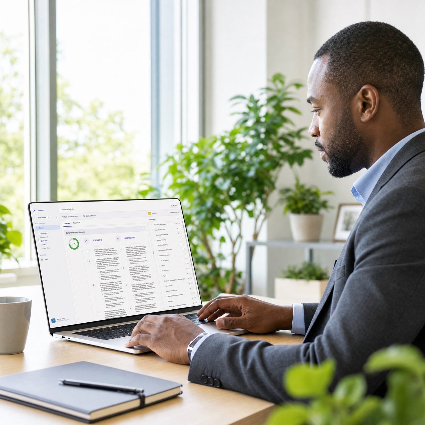 Consultant reviewing detailed HR assessment results on a laptop