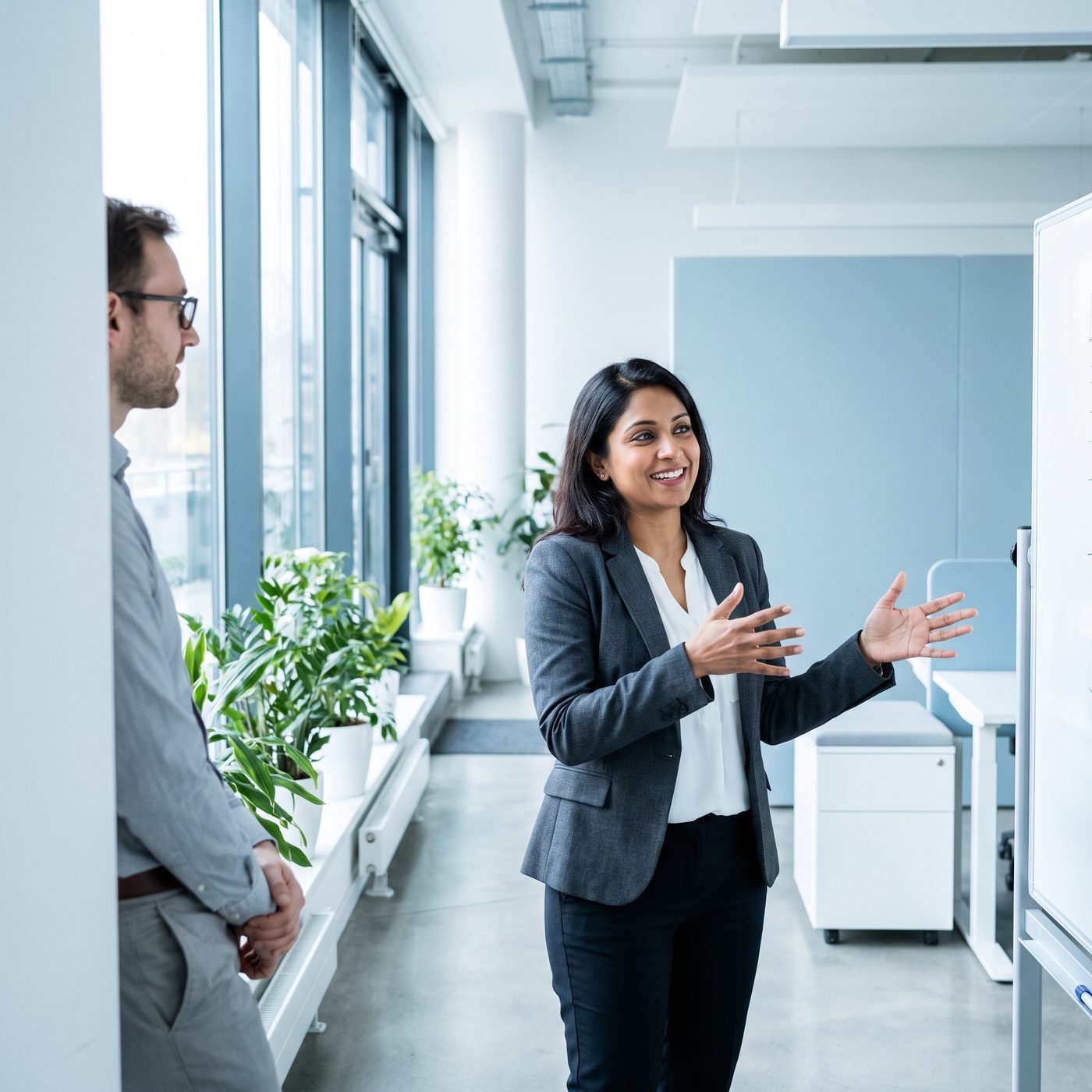 HR consultant briefing a client while walking through an office
