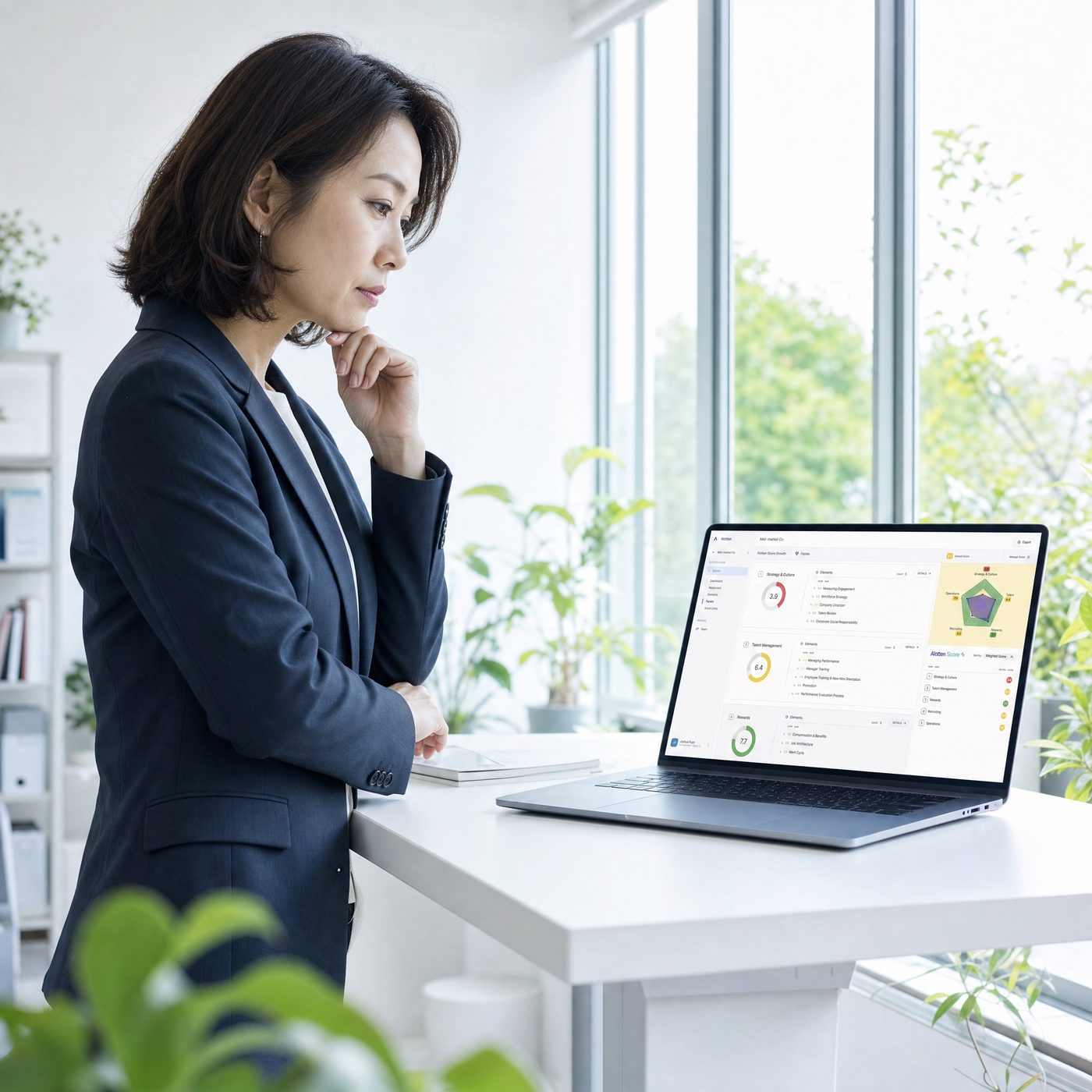 HR executive reviewing planning materials at a standing desk
