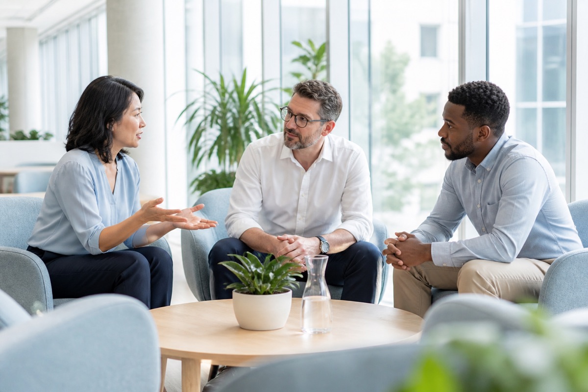 Three managers in conversation during a peer coaching session
