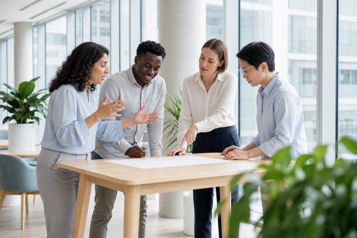 Four colleagues with different working styles collaborating around a table