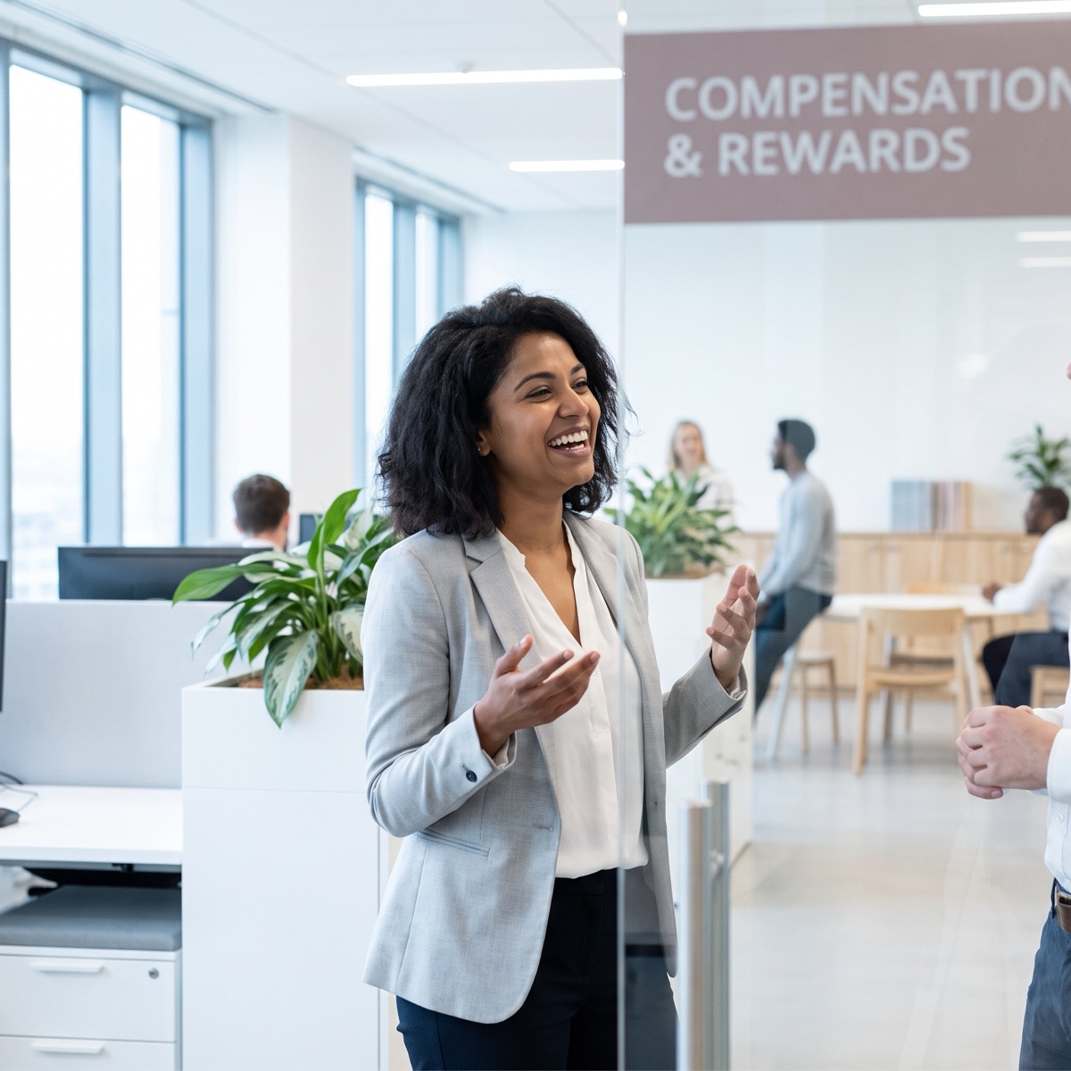 An HR leader in an office beside a compensation and rewards sign