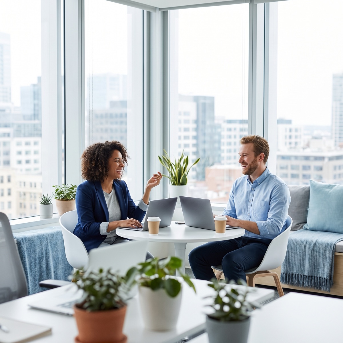 Two managers in conversation at a small table beside a window