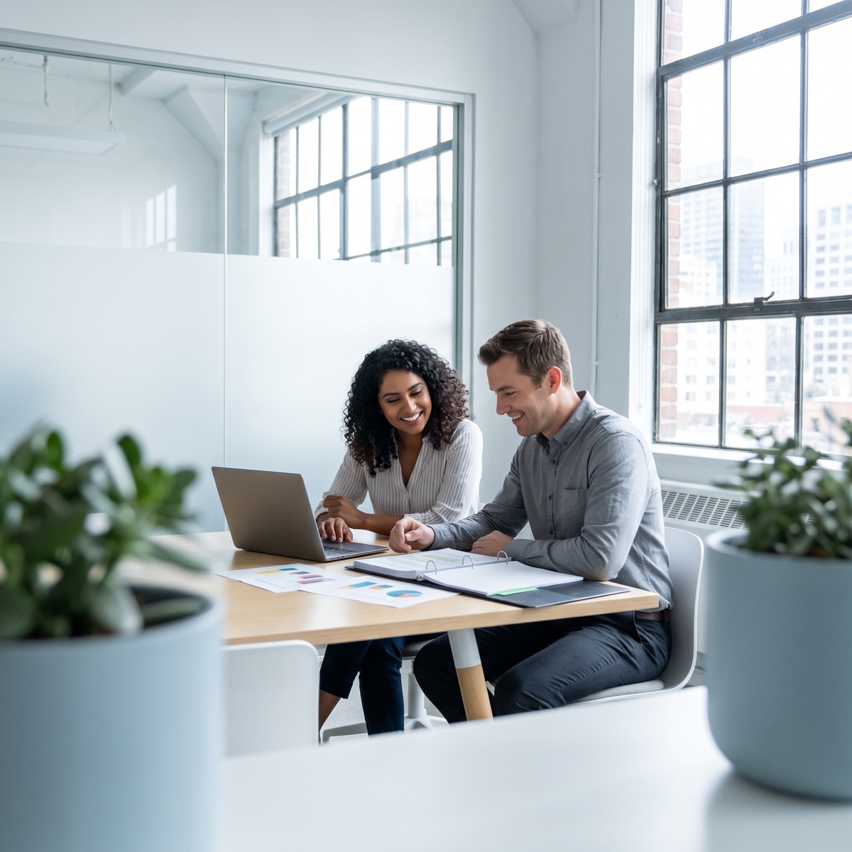 Two colleagues comparing reward data at a shared workstation