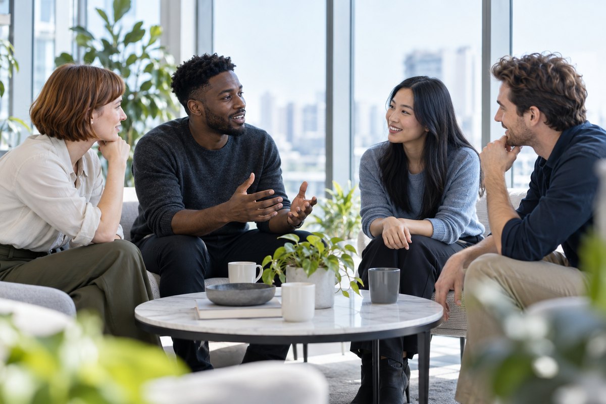 Four colleagues in an open office talking through a decision together