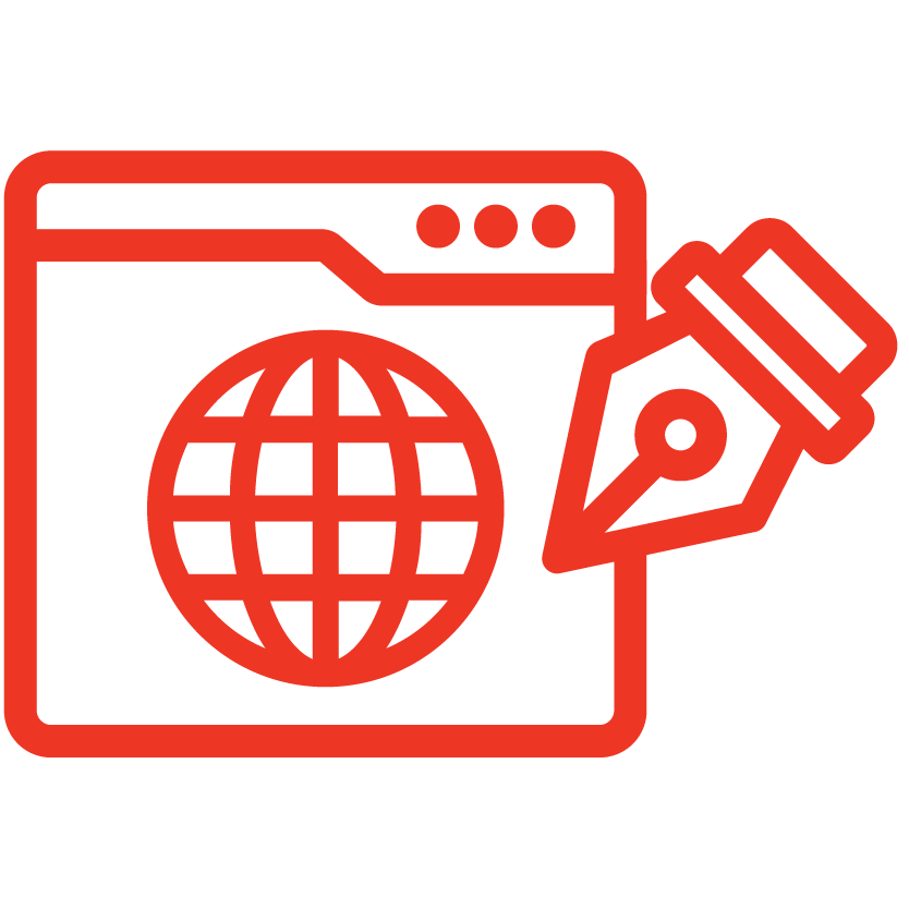Red icon of a web browser window with a globe and a pen nib symbolizing web design.