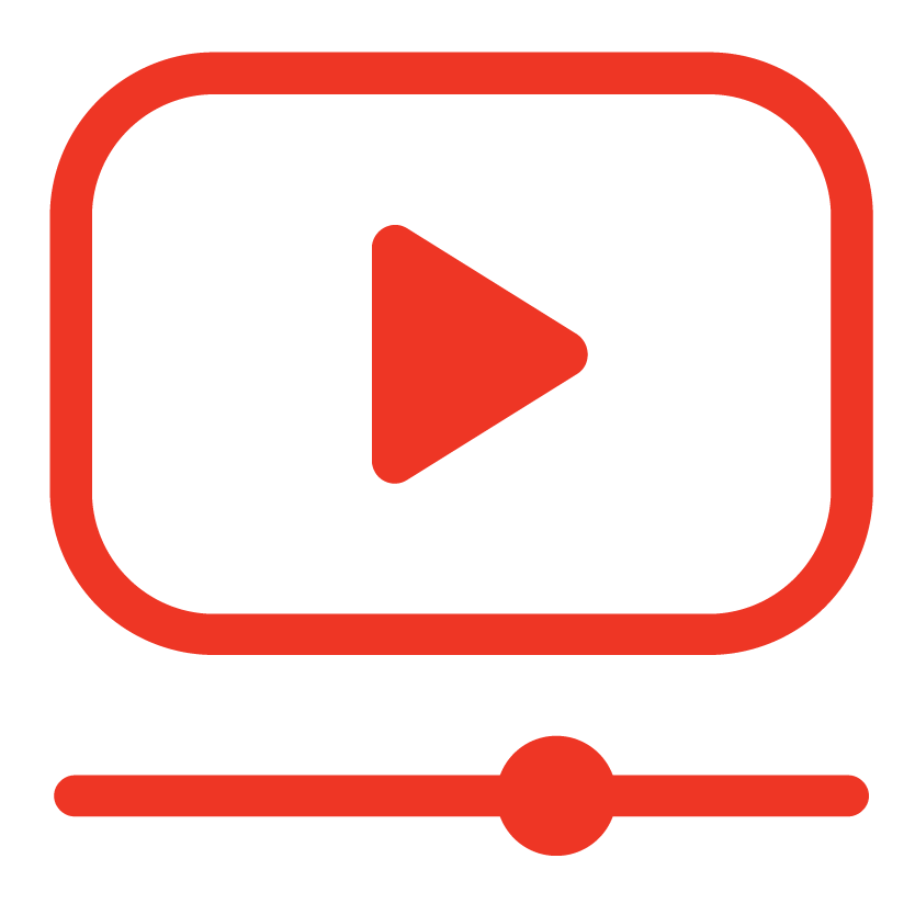 Red video play button icon inside a rounded rectangle with progress slider below.