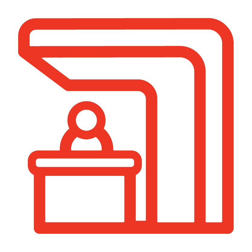 Icon of a person standing behind a booth at a tradeshow or exhibition stand.