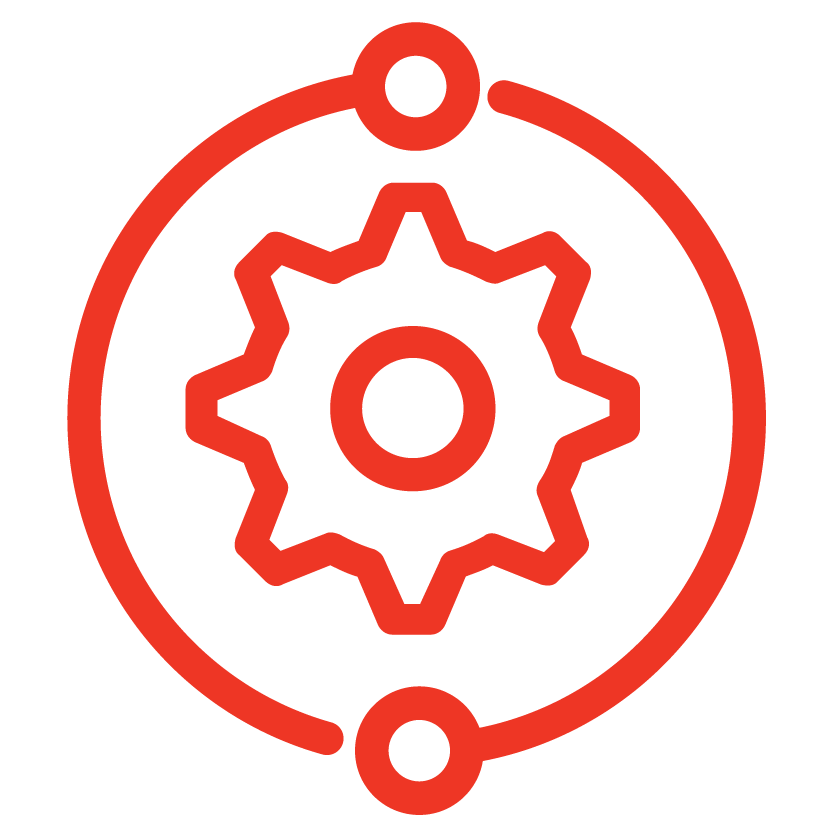 Red gear icon surrounded by a circular line with two dots, symbolizing settings or connectivity.