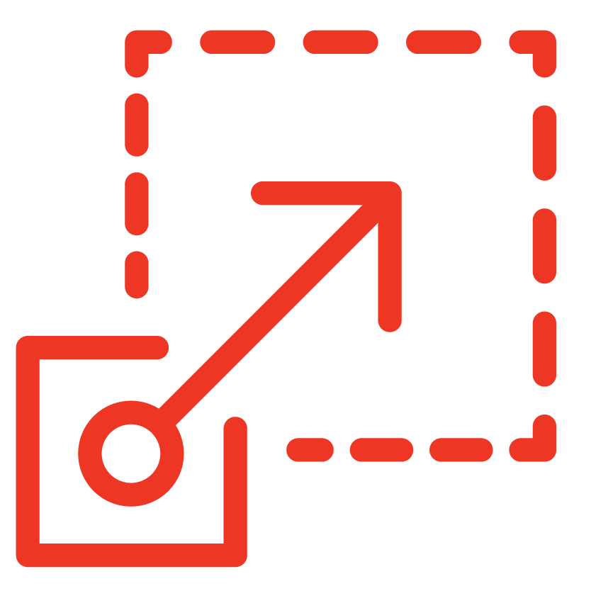 Red arrow pointing diagonally upward from a solid square to a larger dashed square.