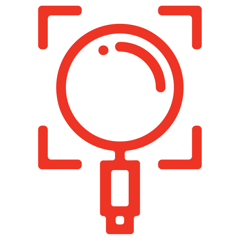Red magnifying glass icon inside four corner brackets symbolizing focus or search.