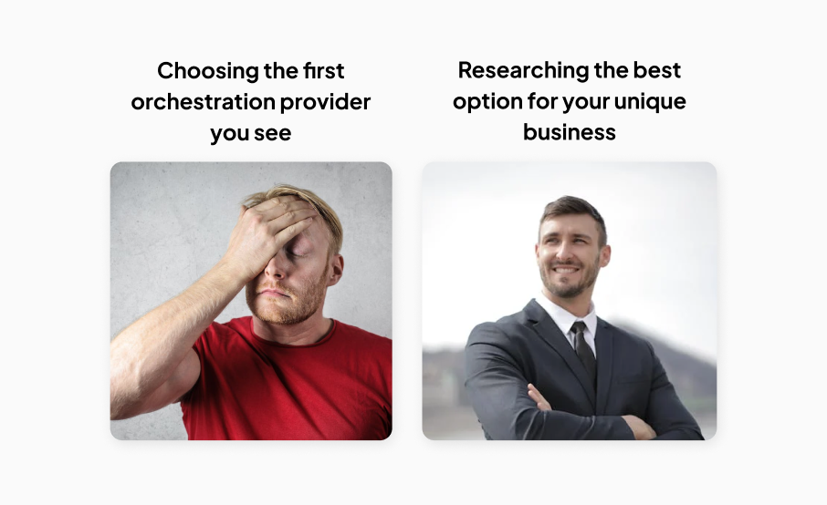 Stressed vs. Happy man, symbolizing process orchestration choice.