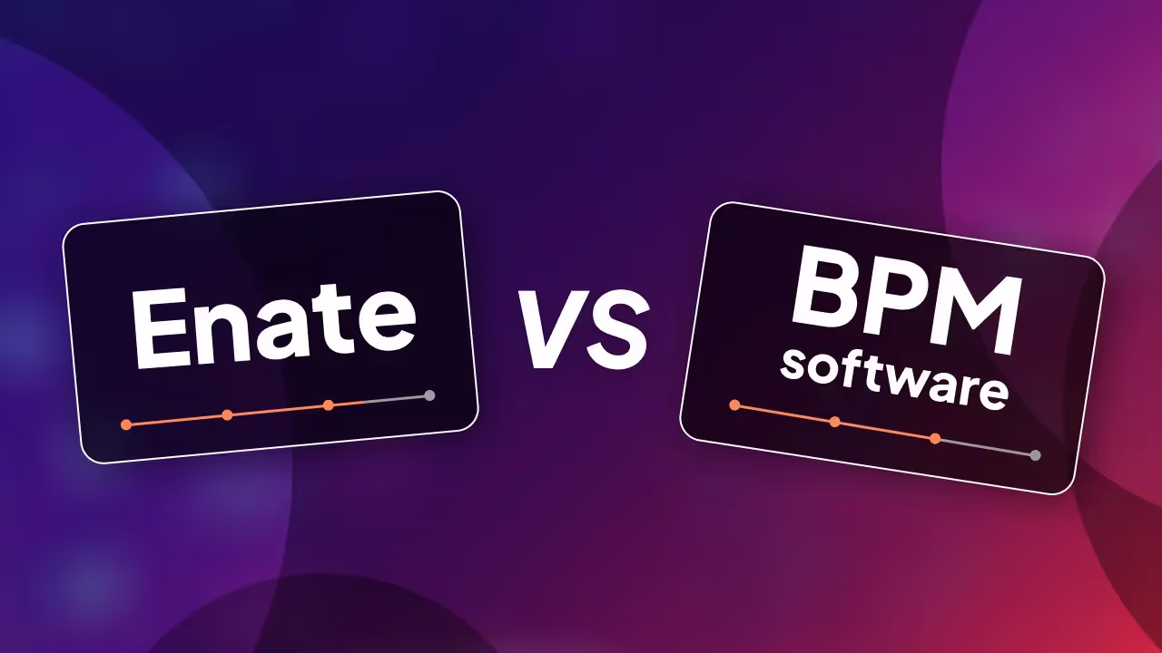 Image that shows two black boxes with the words Enate and BPM software with the word VS in the center.