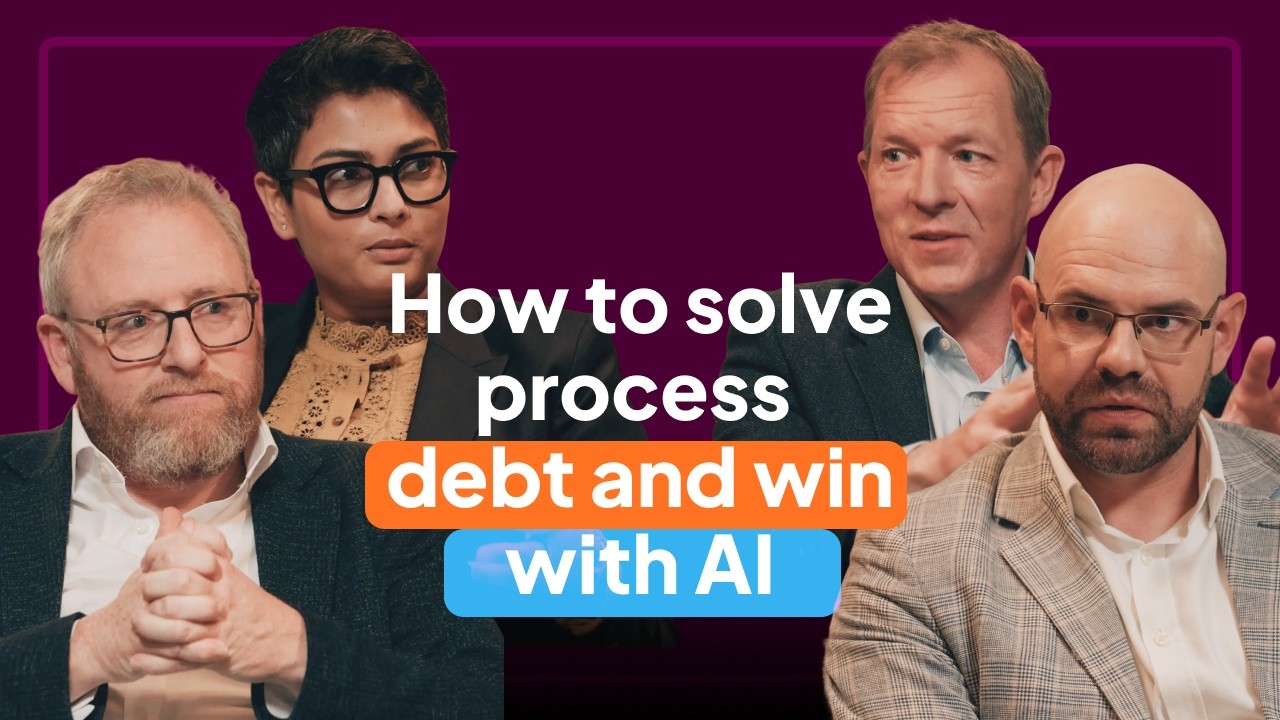Kit Cox, Kiran Sinharoy, Wil Harris and James Hall beside the title How to solve process debt and win with AI