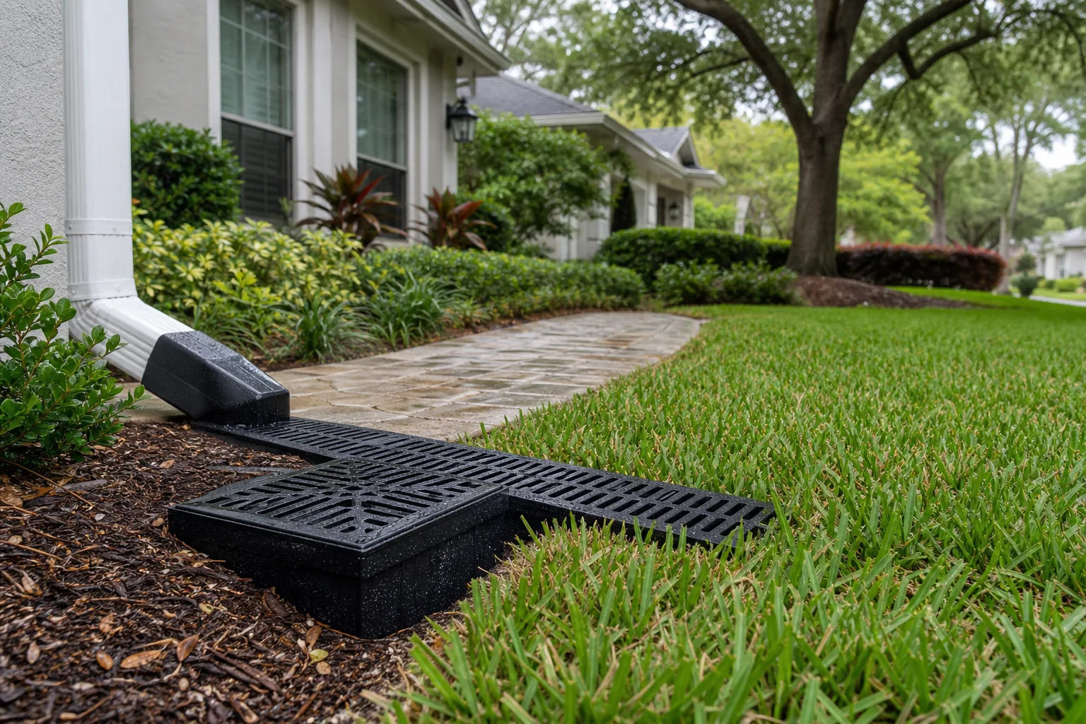 A finished residential catch basin and drainage channel beside a Jacksonville lawn