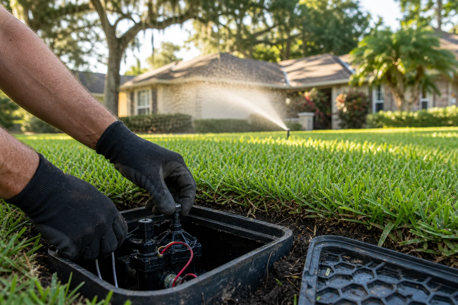 A technician repairing a residential irrigation valve beside a healthy Jacksonville lawn