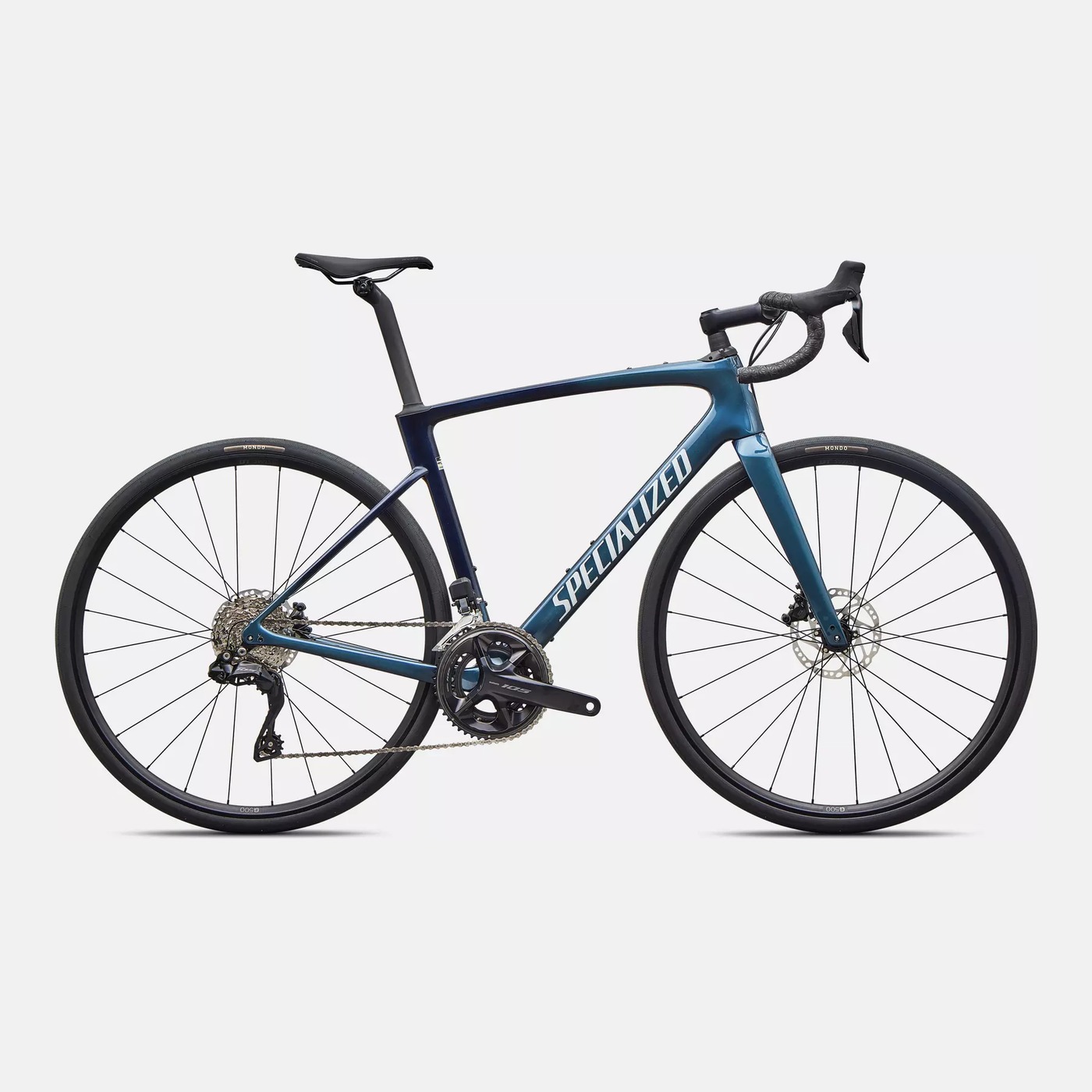 Specialized Roubaix SL8 Comp endurance road bike in deep marine blue, side view