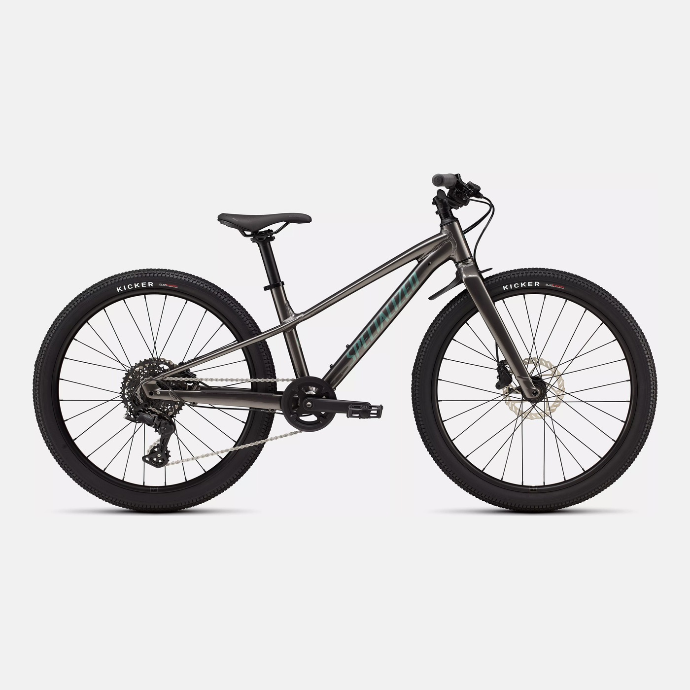 Specialized Riprock 24 kids' mountain bike in smoke grey, three-quarter view