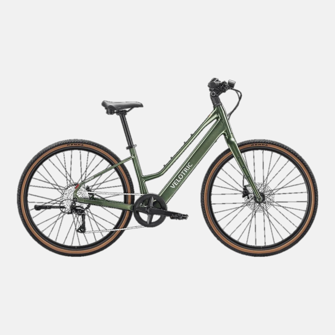 Velotric Tempo step-through electric bike in sage green, side view