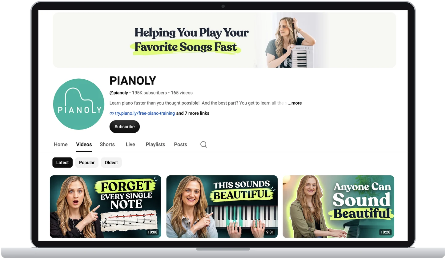 PIANOLY YouTube channel on a laptop