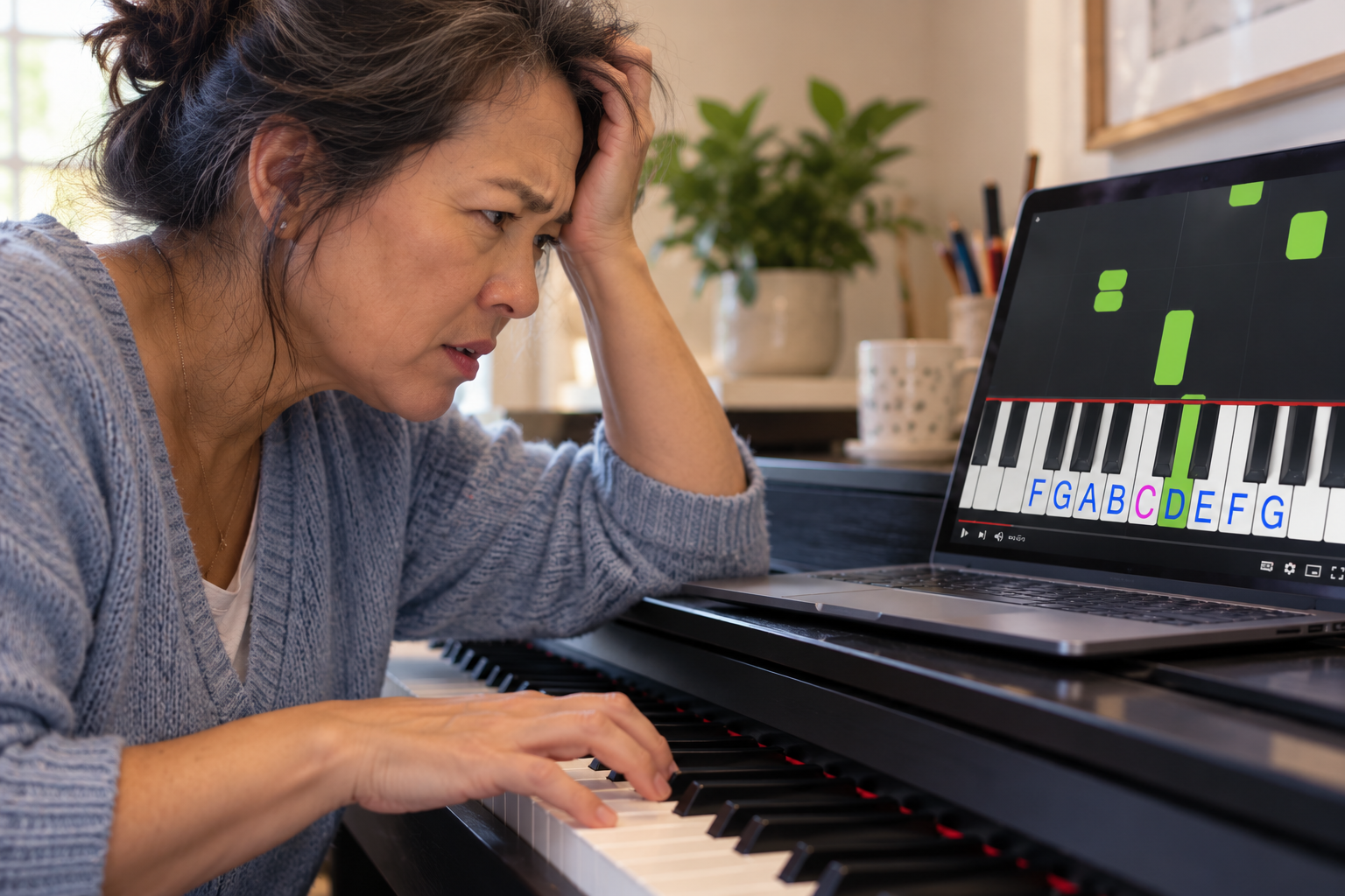 Adult frustrated learning piano from an online video tutorial