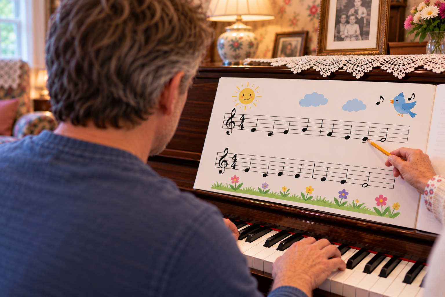 Adult student bored during a traditional piano lesson with a children's songbook
