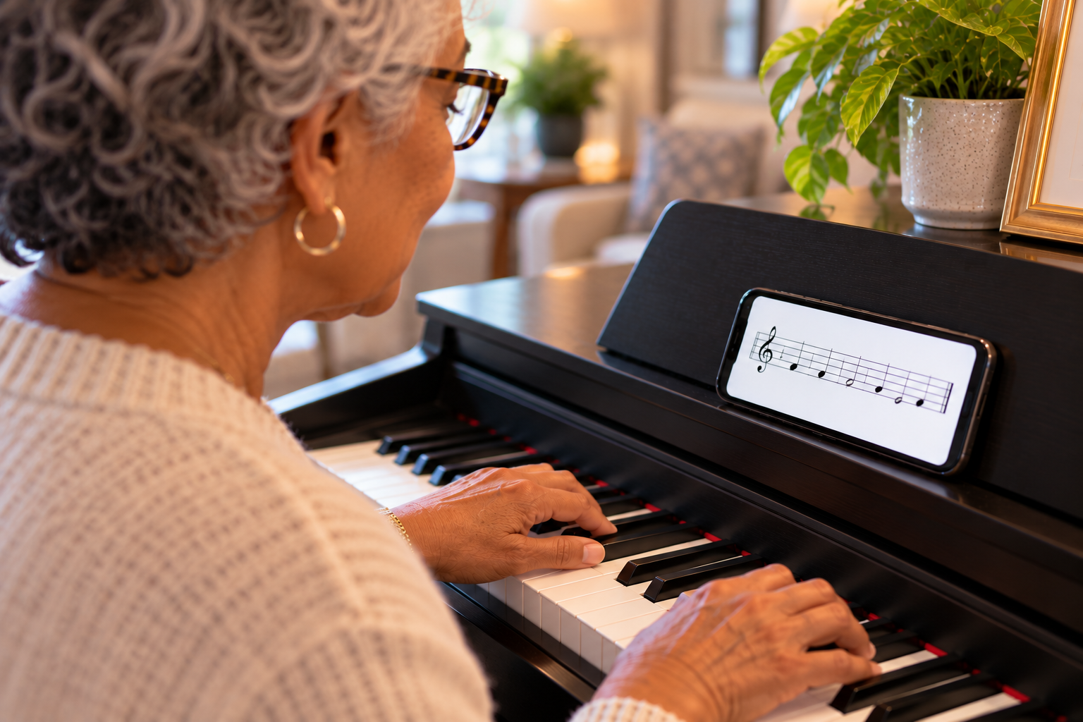 Adult frustrated at the piano while using a piano app on his phone