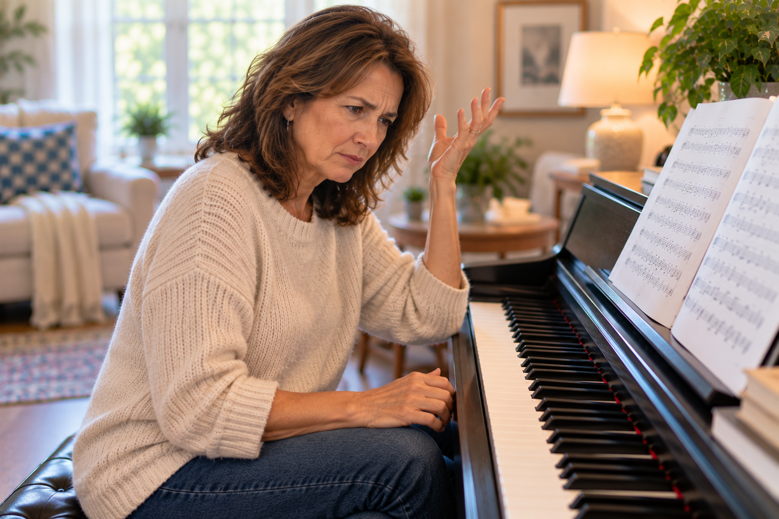 Adult learner playing piano
