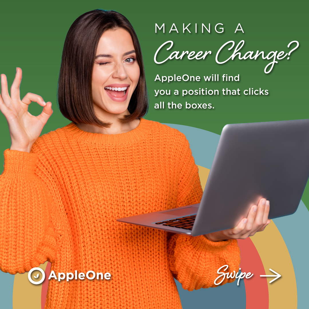 A woman smiling and holding a laptop. The text reads "Making a Career Change? AppleOne will find you a position that clicks all the boxes."