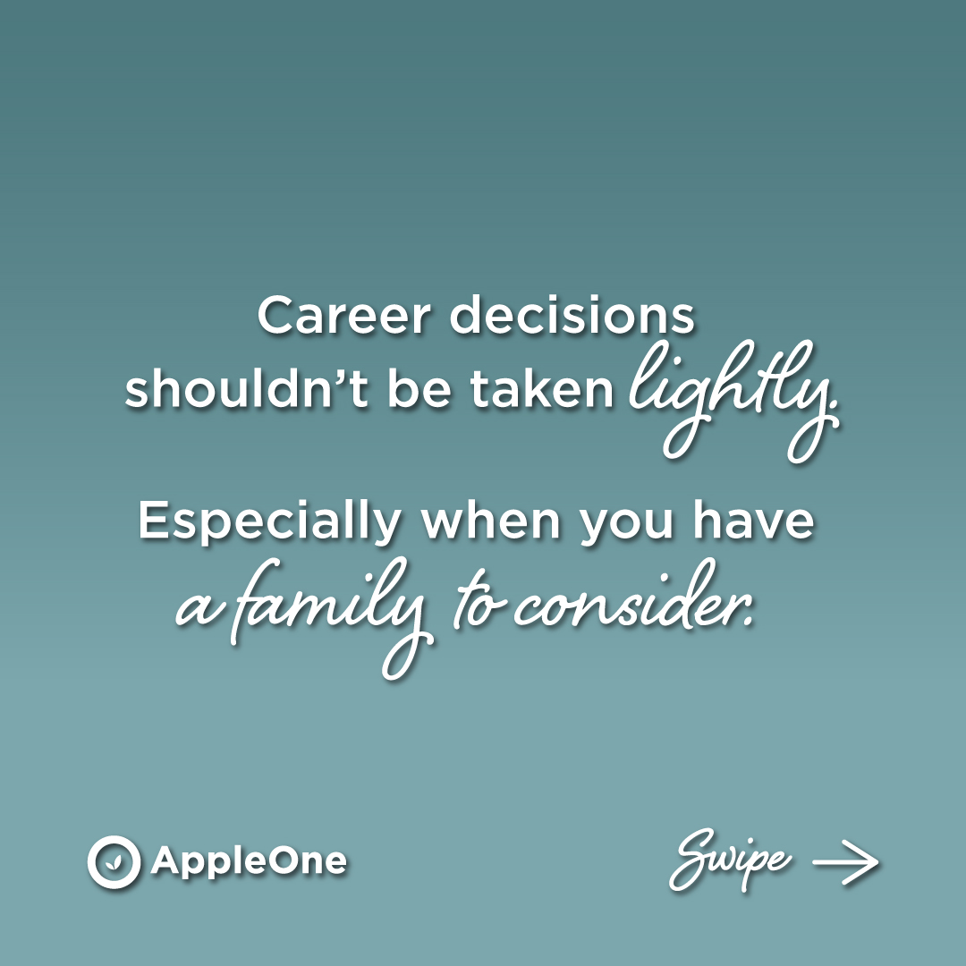 Graphic with a blue background reading "Career decisions shouldn't be taken lightly. Especially when you have a family to consider."