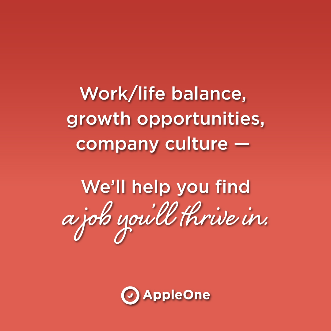 Graphic with red background reading "Work/life balance, growth opportunities, company culture - We'll help you find a job you'll thrive in."
