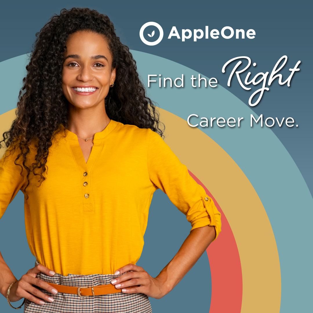 Woman in a yellow shirt smiling. The text reads "Find the Right Career Move."