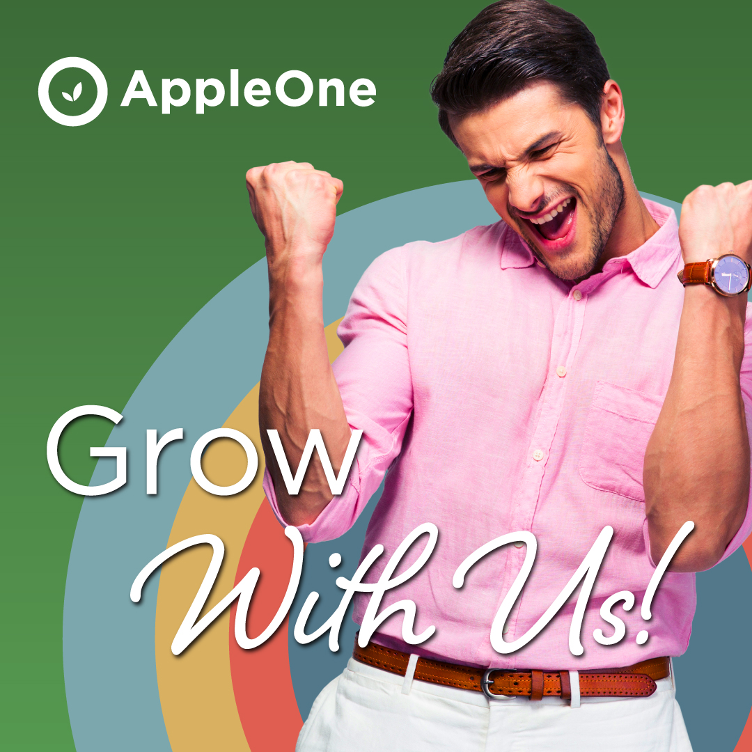 A happy man in a pink button down shirt. The text reads "Grow With Us!"