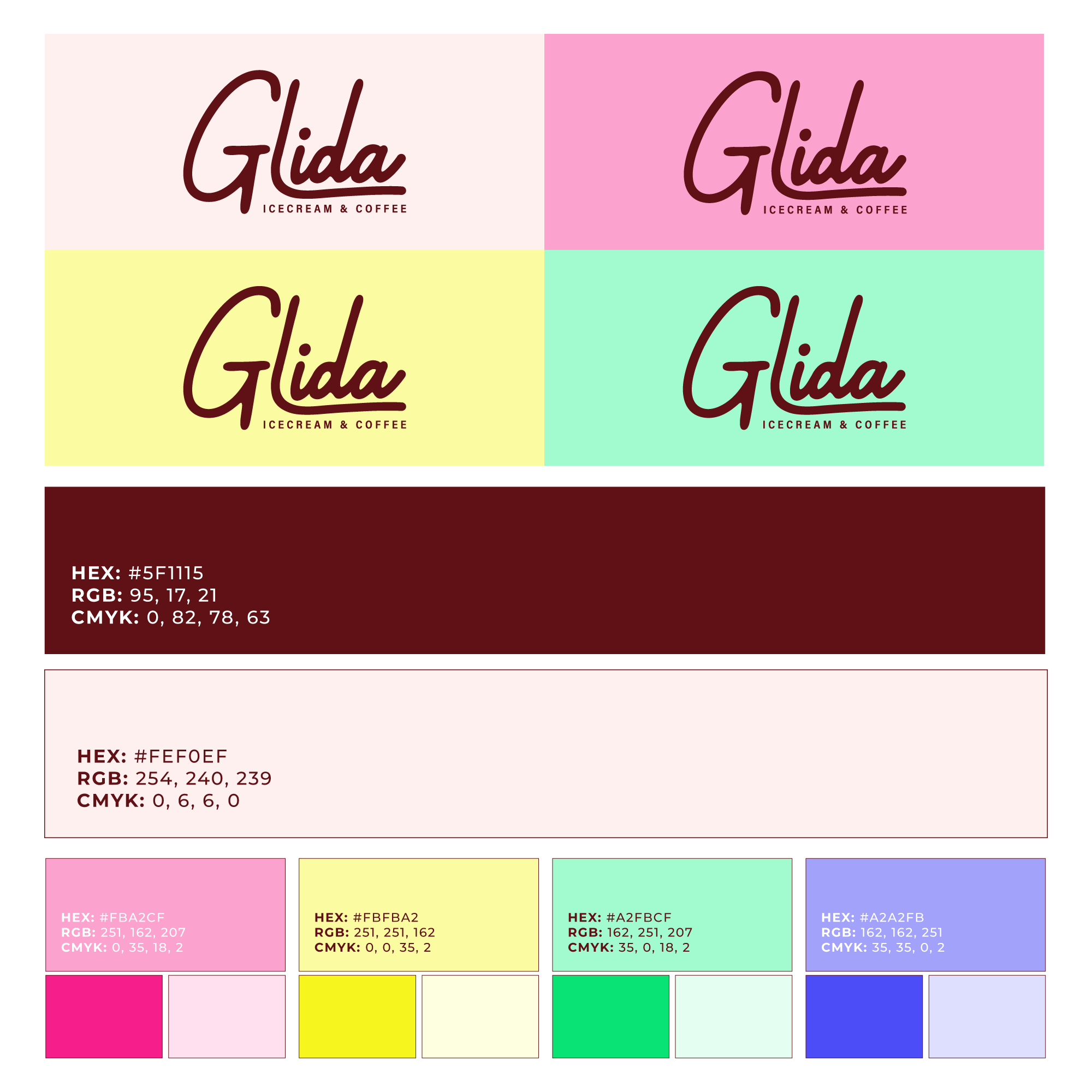 Glida's Ice Cream & Coffee logo shown on four background colors above the brand's color palette.