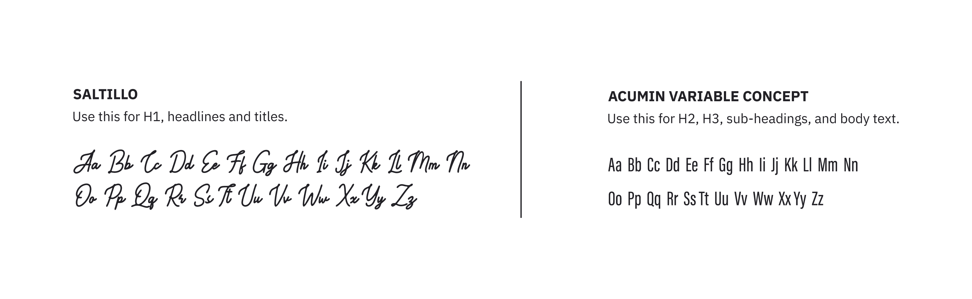 Glida's brand typefaces, Saltillo and Acumin Variable Concept, displayed with alphabet samples.