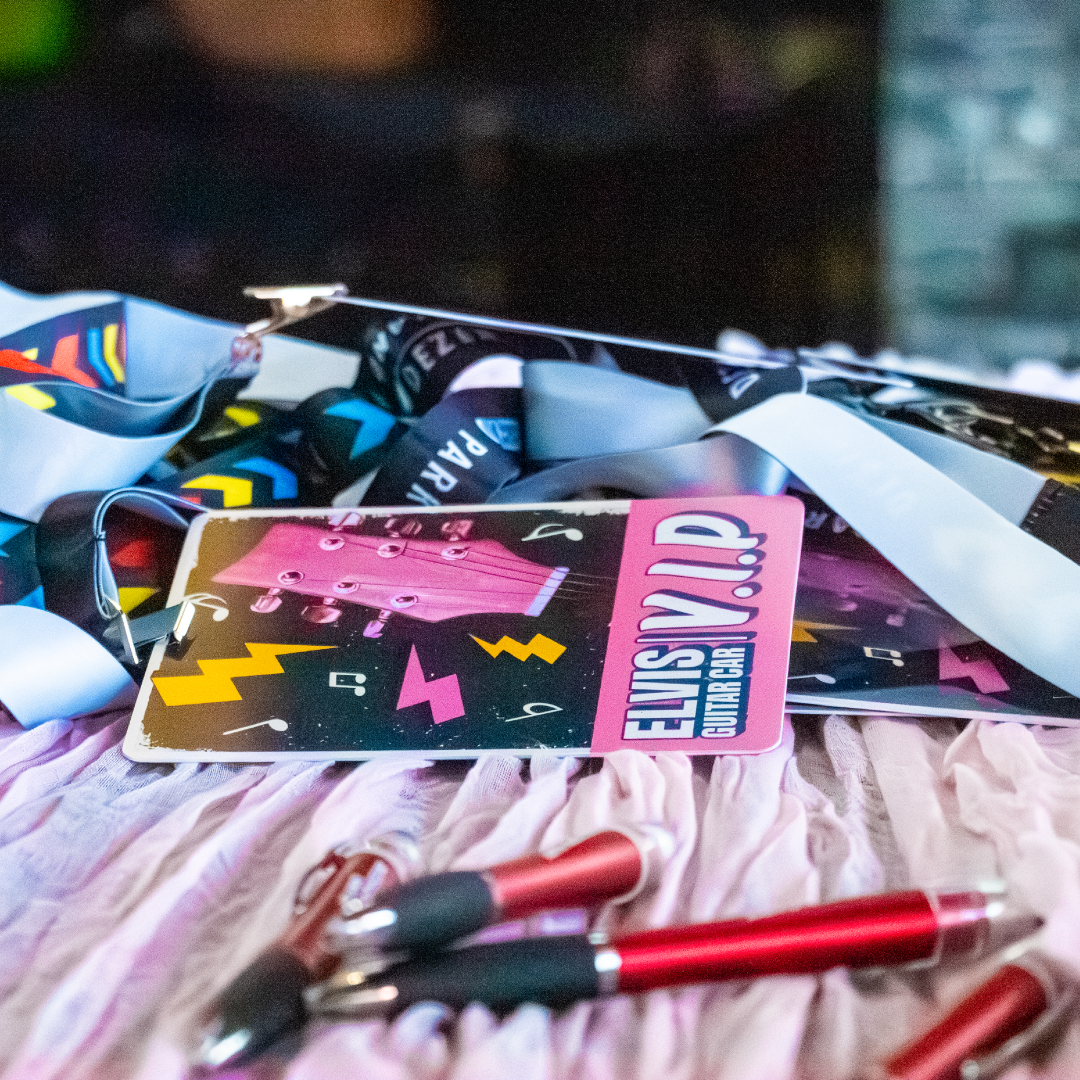 Image of the printed lanyards and ID cards designed for the King's Guitar Car.